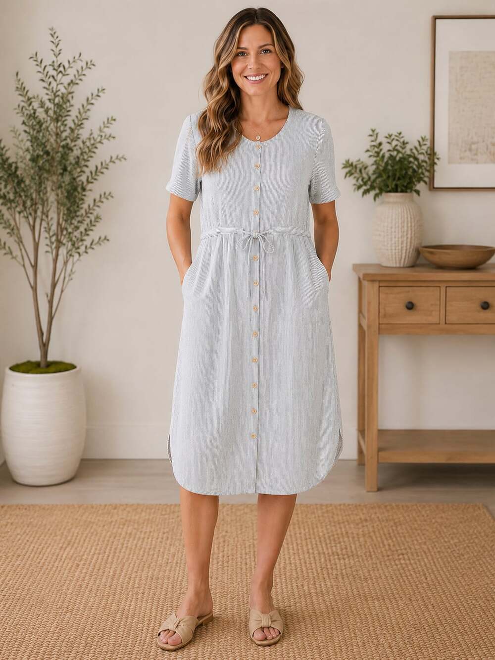 ROOLEE Striped Cotton Midi Dress M Button Front Drawstring Waist Pockets